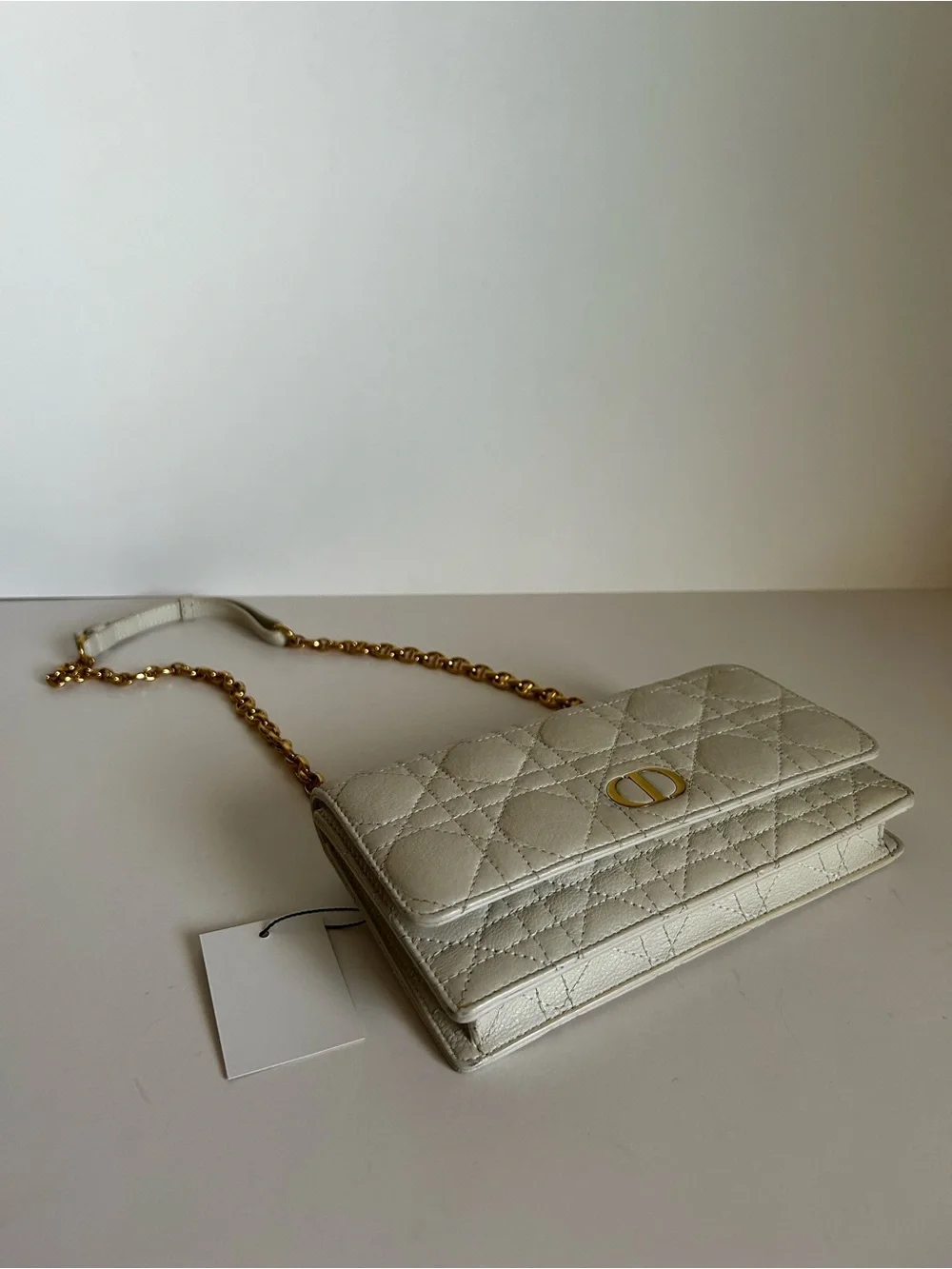 Dior Quilted Leather Shoulder Bag in Ivory with Gold Chain